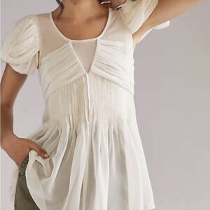 Anthropologie Cream Pleated Puff-Sleeve Tunic Top